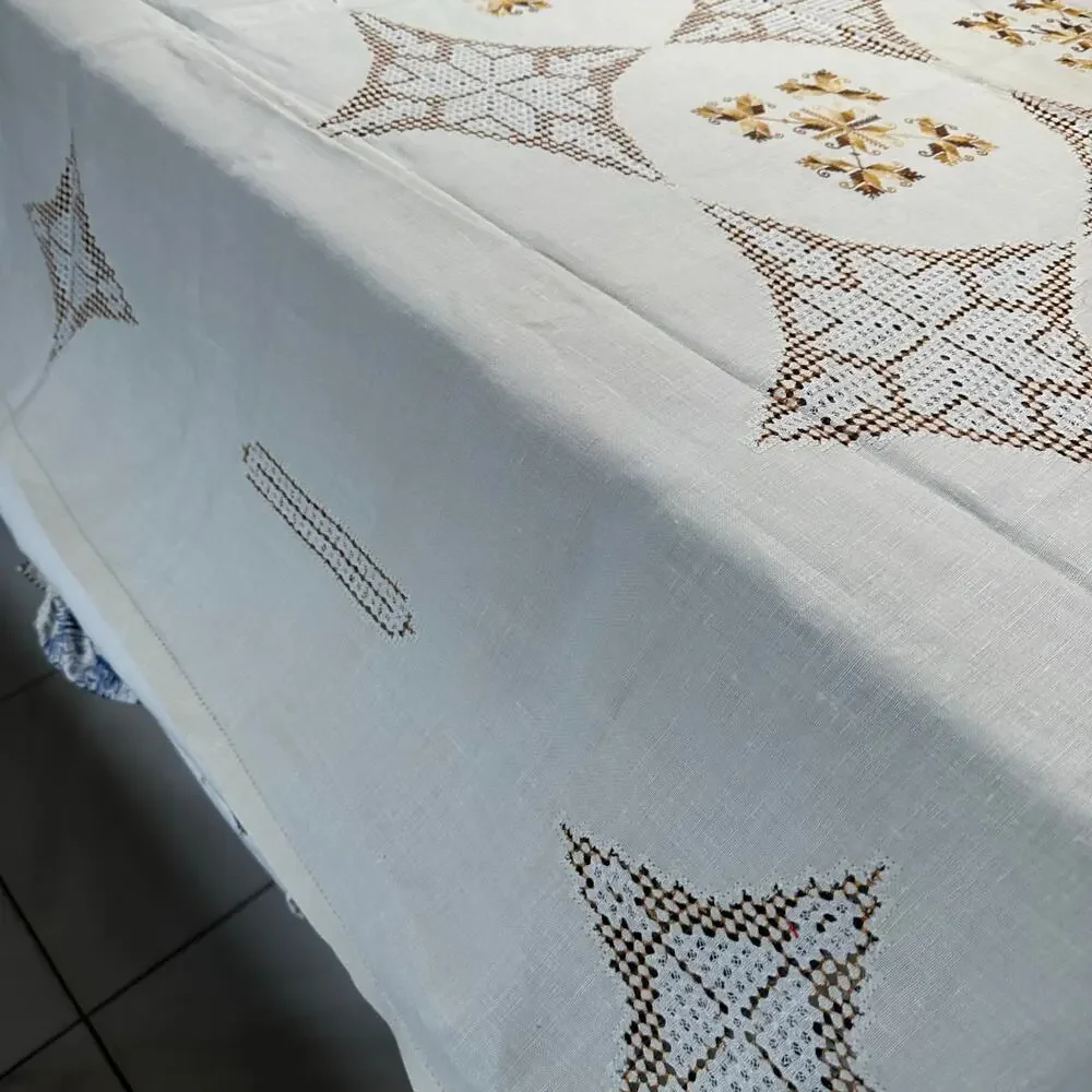 Vintage Hand-Stitched Irish Linen Tablecloth Cream Gold 63